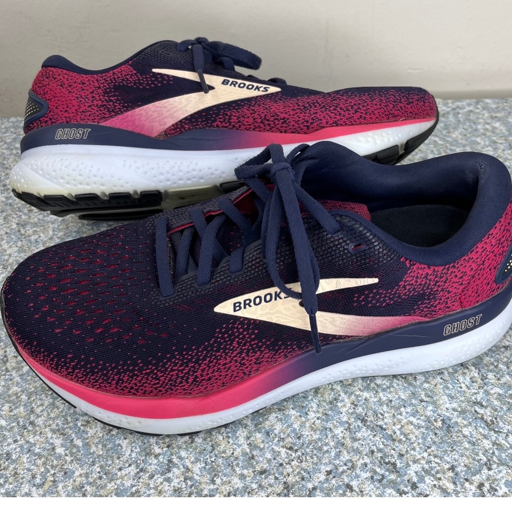 Brooks Ghost 16 Running Shoes Womens 9 Extra Wide 2E Navy Pink Mesh 1204072E422